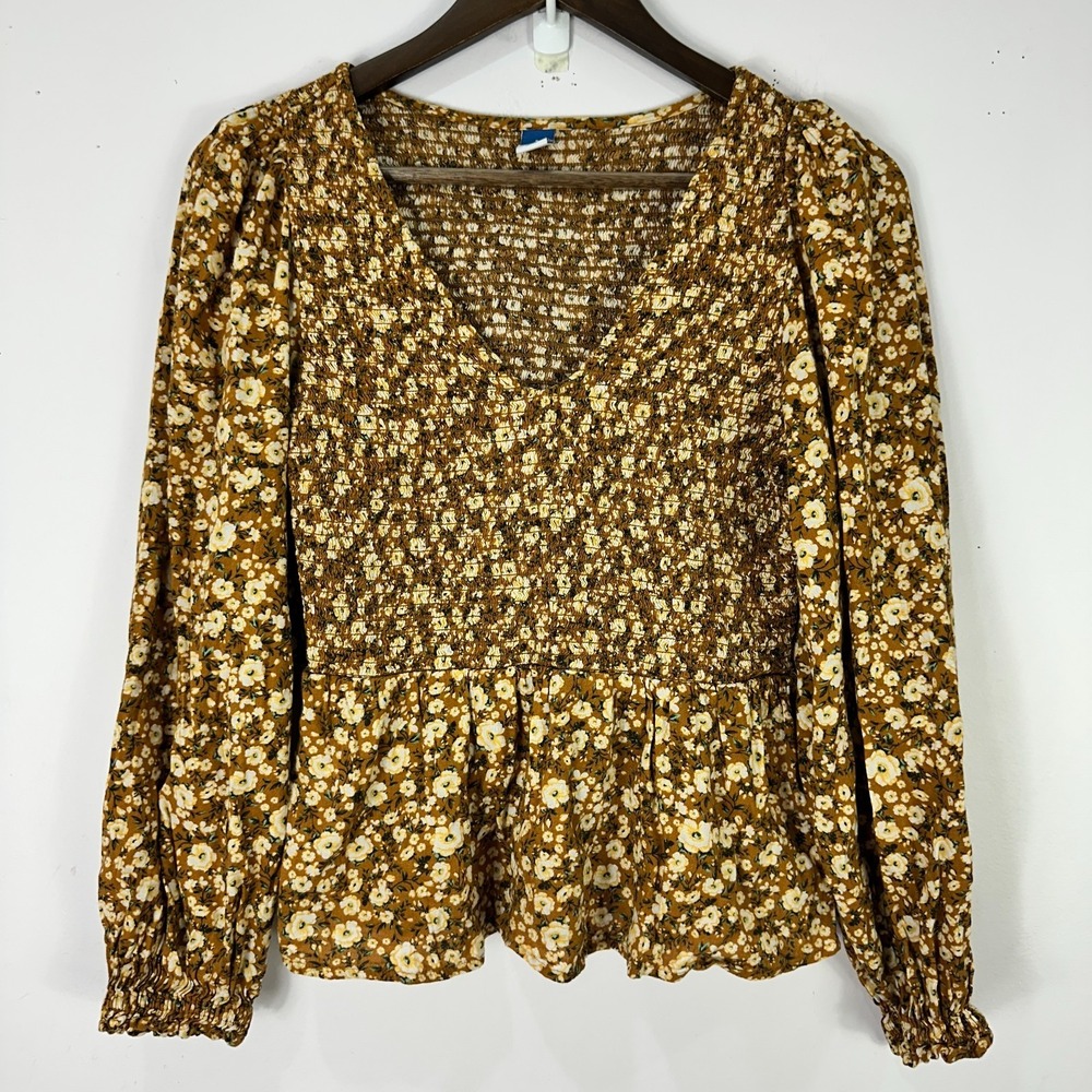 Old Navy Blouse S Yellow Floral Smocked Peplum Boho Cottagecore Prairie Top